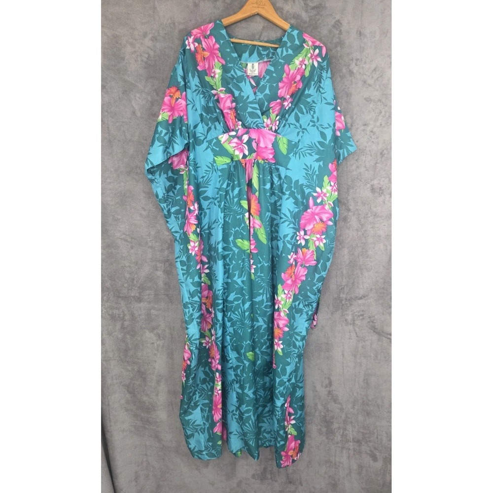 Vintage 80s Royal Creations Hawaiian Teal Orchid Floral Muumuu Dress Tiki O/S